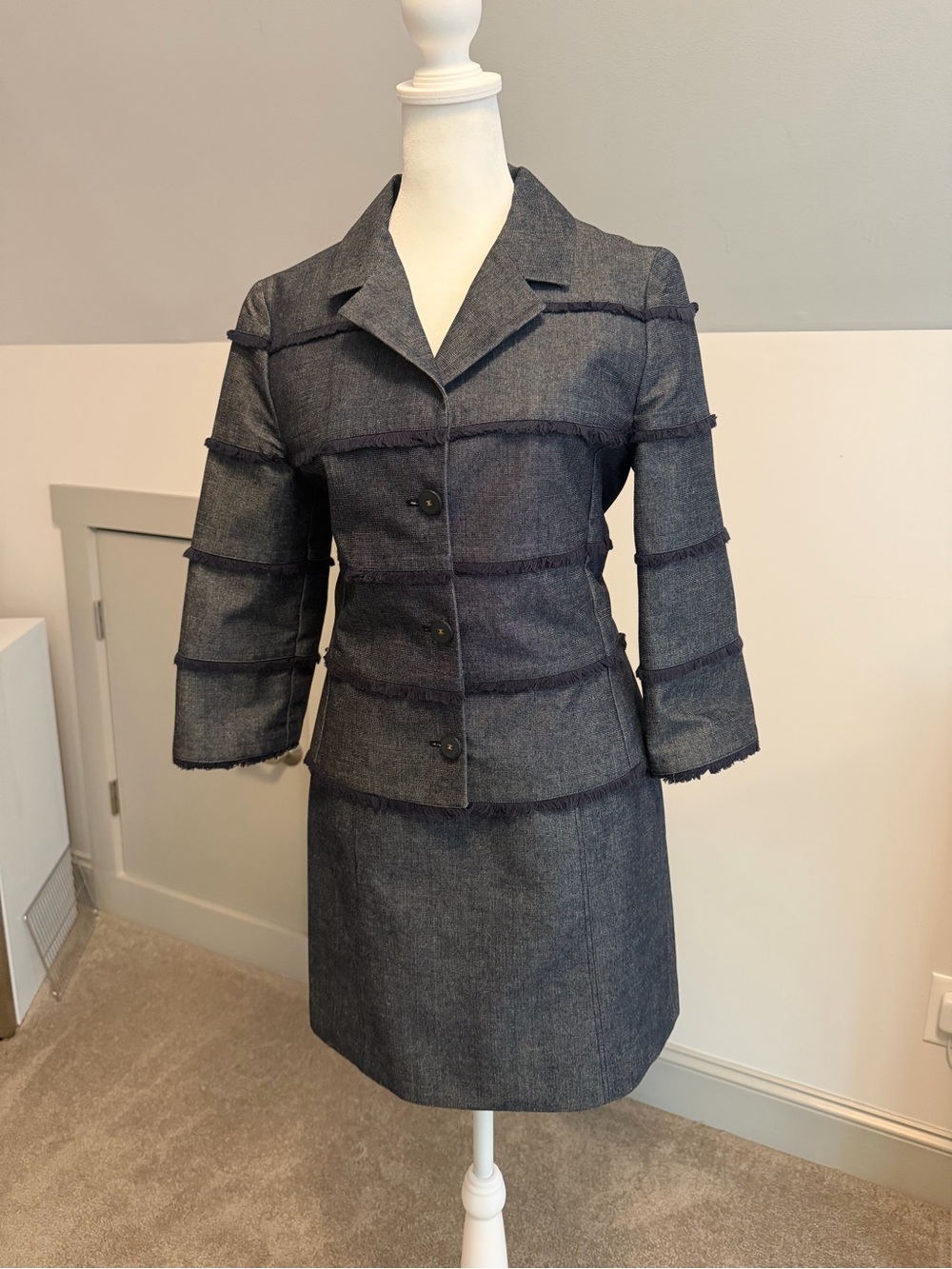 ⁠CHANEL Vintage 2000 Cruise 00C Denim Tiered Fringe Skirt Suit Set FR 36 US 2 4⁠